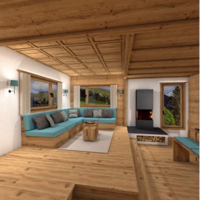 3D-Visualisierung von Umbau Innenausbau Maiensäss Wohnzimmer im Bündnerland