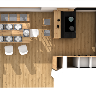 Visualisierung von einer Küche mit Eichenfornten, Taubefronten und Barteil sowie Holzboden aus Eiche