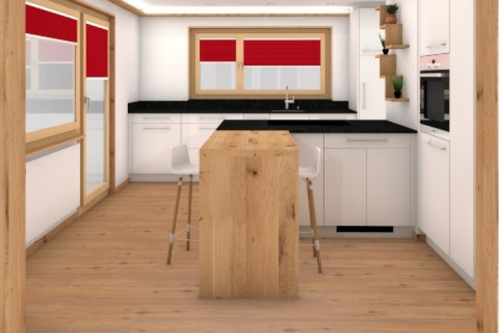 3D-Visualisierung von Küche in weiss mit Bartisch und Barstühlen in Eiche rustikal und Parkettboden